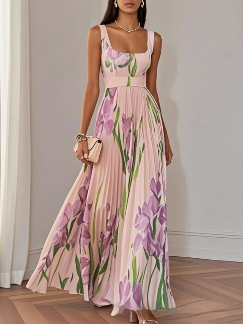 Women's Pink Floral Pleated Maxi Dress – Sleeveless High Waist A-Line